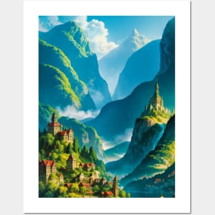 Lovely, green fantasy city in a lush valley Posters and Art